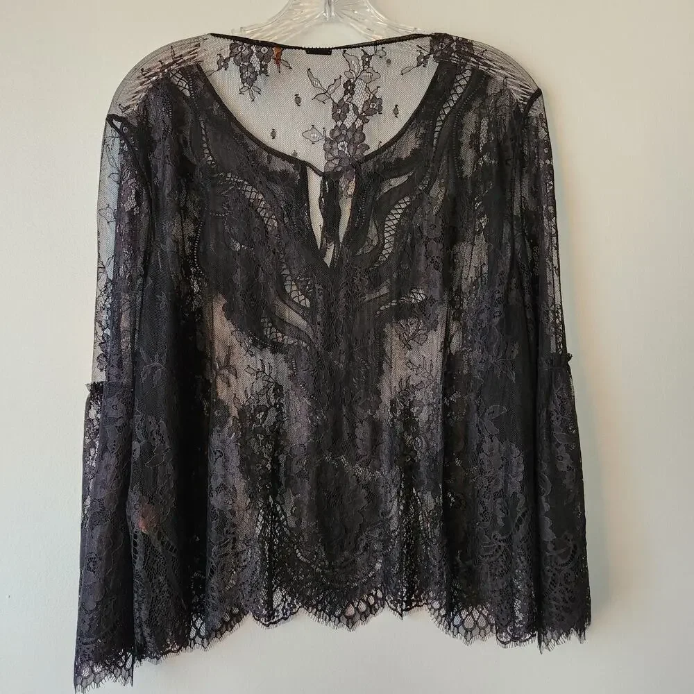 Womens Black Lace Whimsigoth Top XL Floral Flare Sleeve Fairygrung Festival Boho - Picture 6 of 13